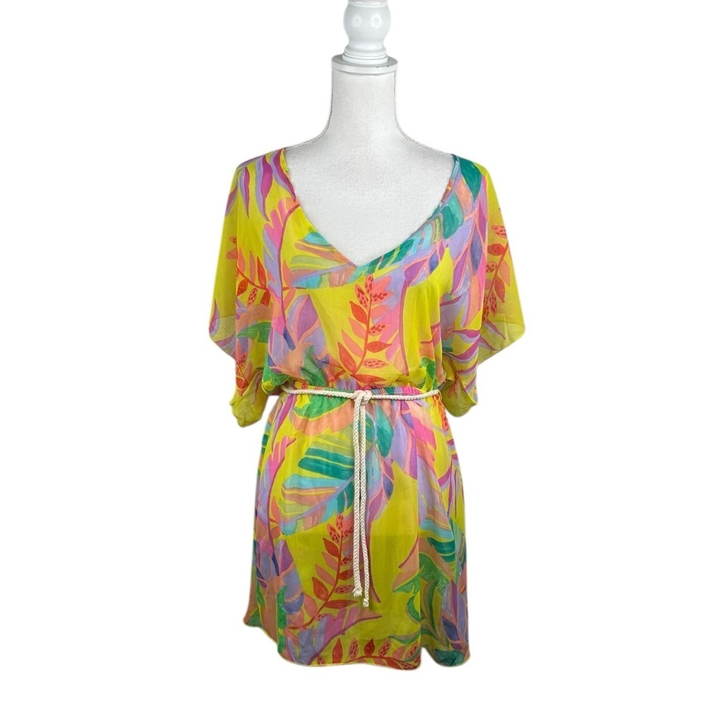 Becca Yellow Floral Tropical Sheer Summer Spring Vacation Swimsuit Coverup XS - Picture 1 of 7